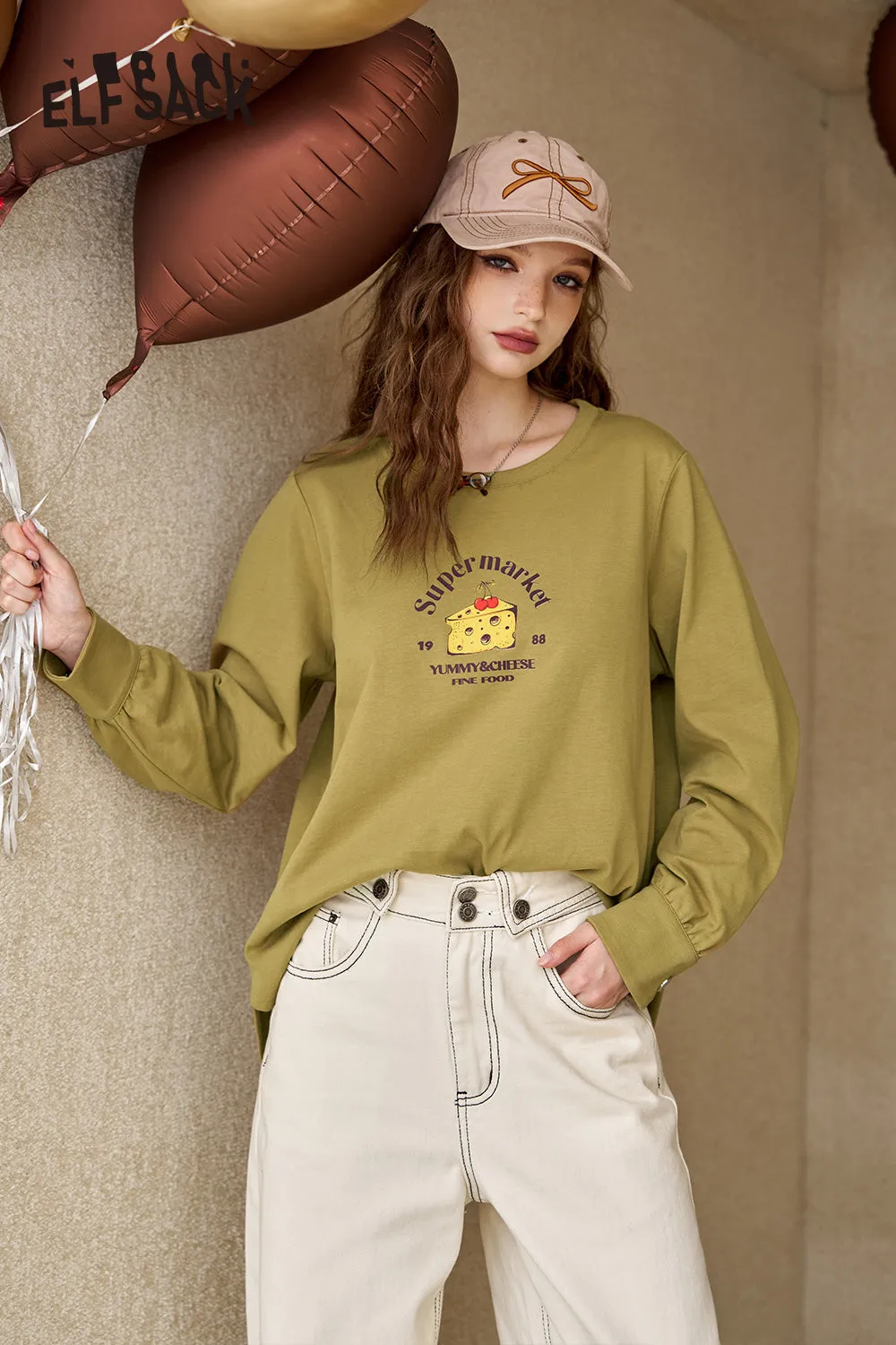 ELFSACK 2024 Autumn New Arrivals Versatile Printed Loose White Long Sleeve T-shirt Women's Casual Bottoming Shirt