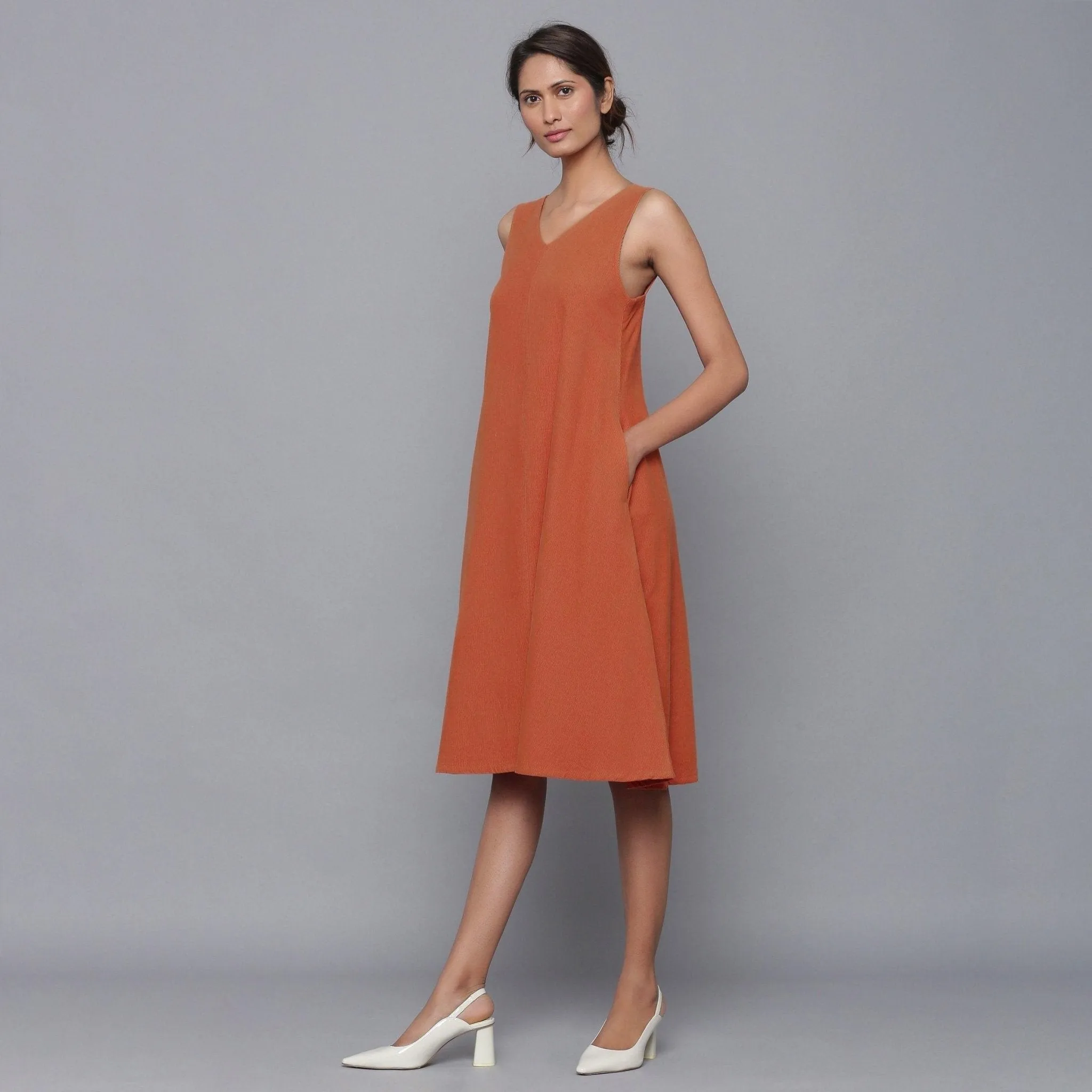 Sunset Rust Warm Cotton Corduroy Knee Length Flared Dress